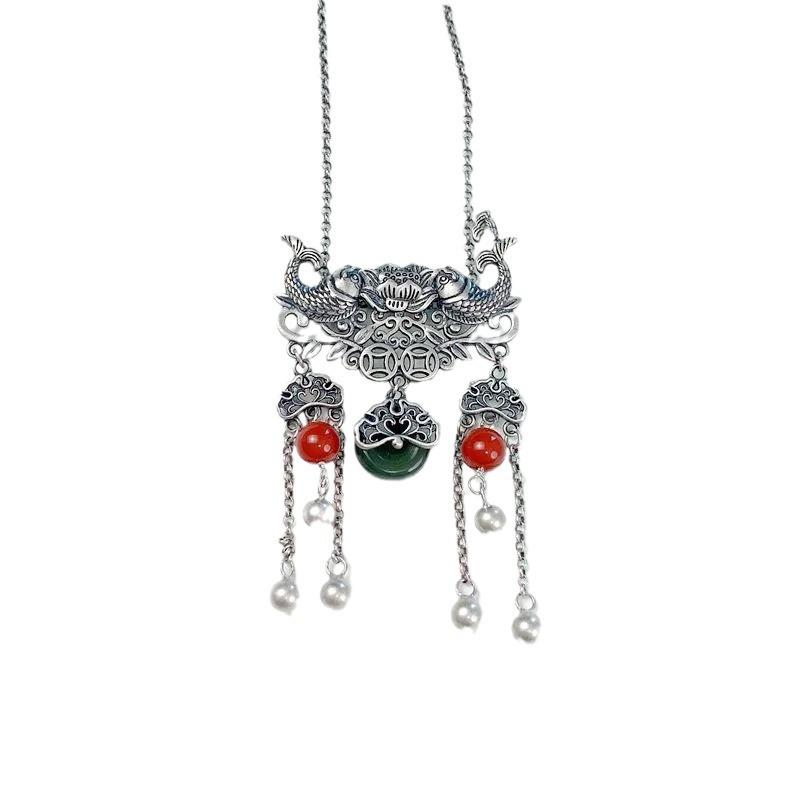 Exaggerated Ethnic Style 925 Sterling Silver Fish Lotus Pendant Necklace for Women with Safety Buckle