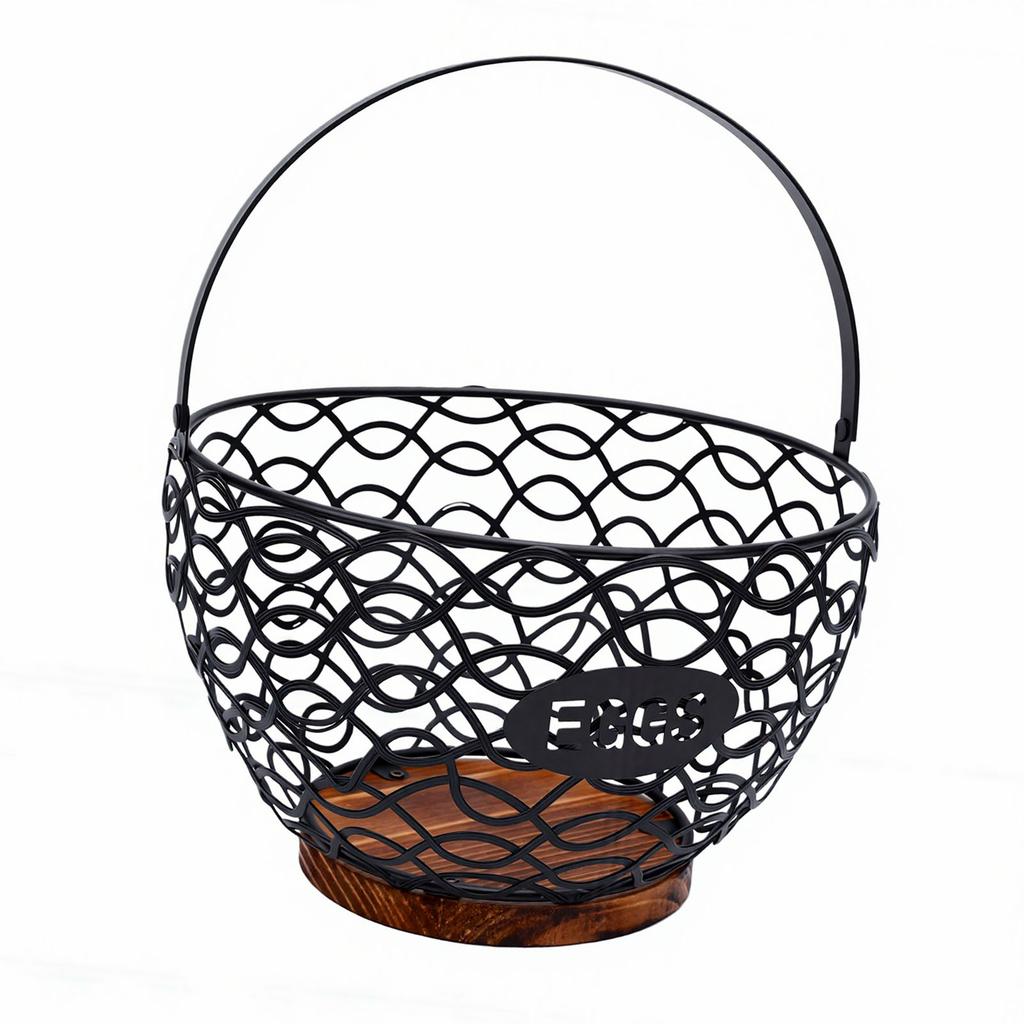 Egg Basket Multifunctional Wire Egg Collecting Basket with Wooden Base for Kitchen Countertop