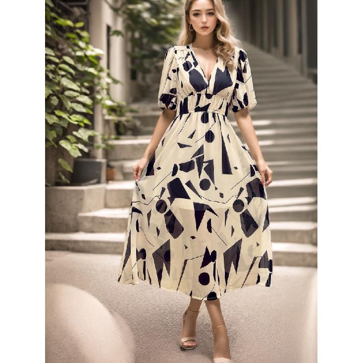 

New Boho Floral Print Midi Dress Women Fashion V-Neck Short Sleeve Dresses For Women 2026 Summer Casual Holiday Long Dress XXL