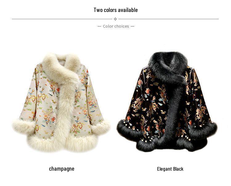 2025 Winter Chinesischer Stil Kunstfellmantel: Damen Midilanger Perlenbesetzter Satin Tang Anzug Umhang