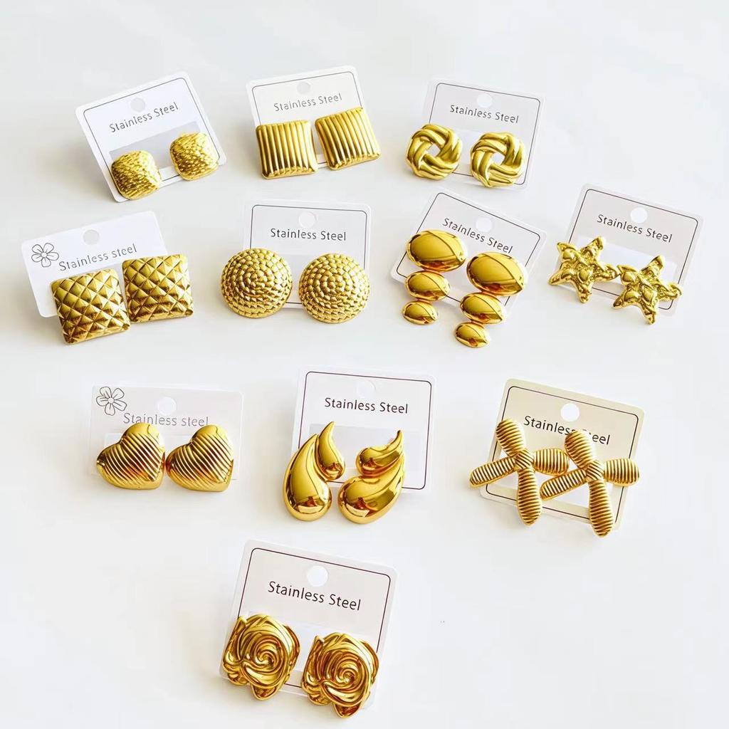 2-8 Pairs Earrings Stud Geometric Square Stripe Round Textured Heart Rose Star Bow Double Water Drop Design Jewelry for Women