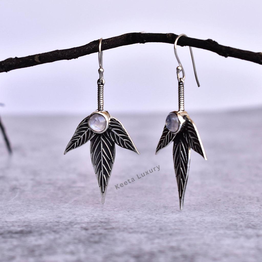 Nature Inspired Moonstone Dangle Earring, Moonstone Leafy Earring, Rainbow Moonstone Oxidized Dangle, Birthstone Earring, Bridesmaid Jewelry