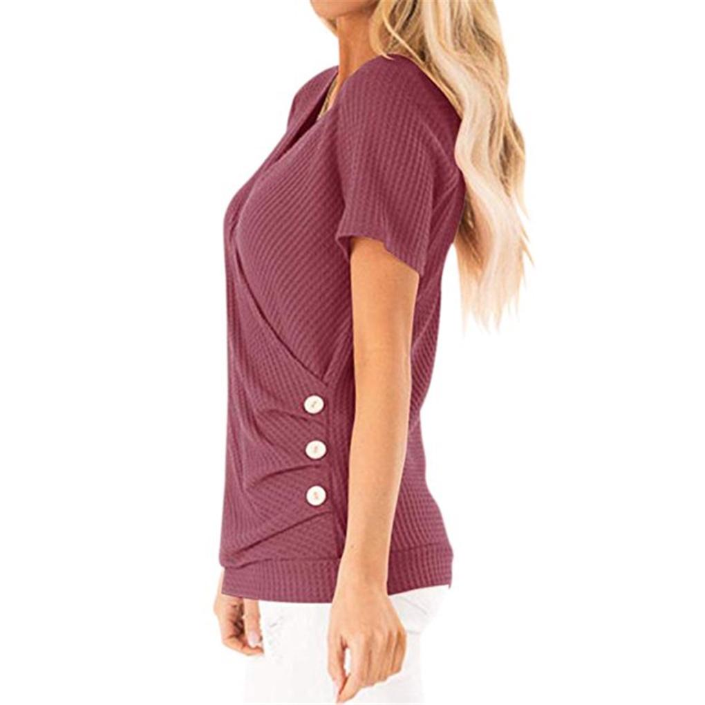 Women Buttons Dide Decor Wrapped V Neck Short Sleeve Shirt