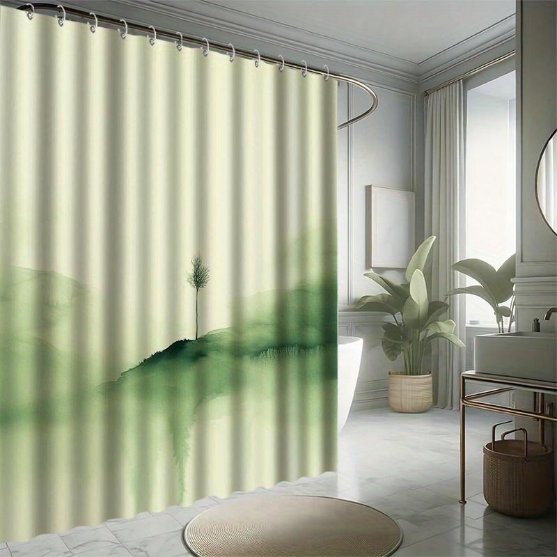 A Small Tree Shower Curtain Set, Green Ink Style, Full of Vitality, 12 Hooks, Polyester, Bathtub Partition, Modern Bath Decor