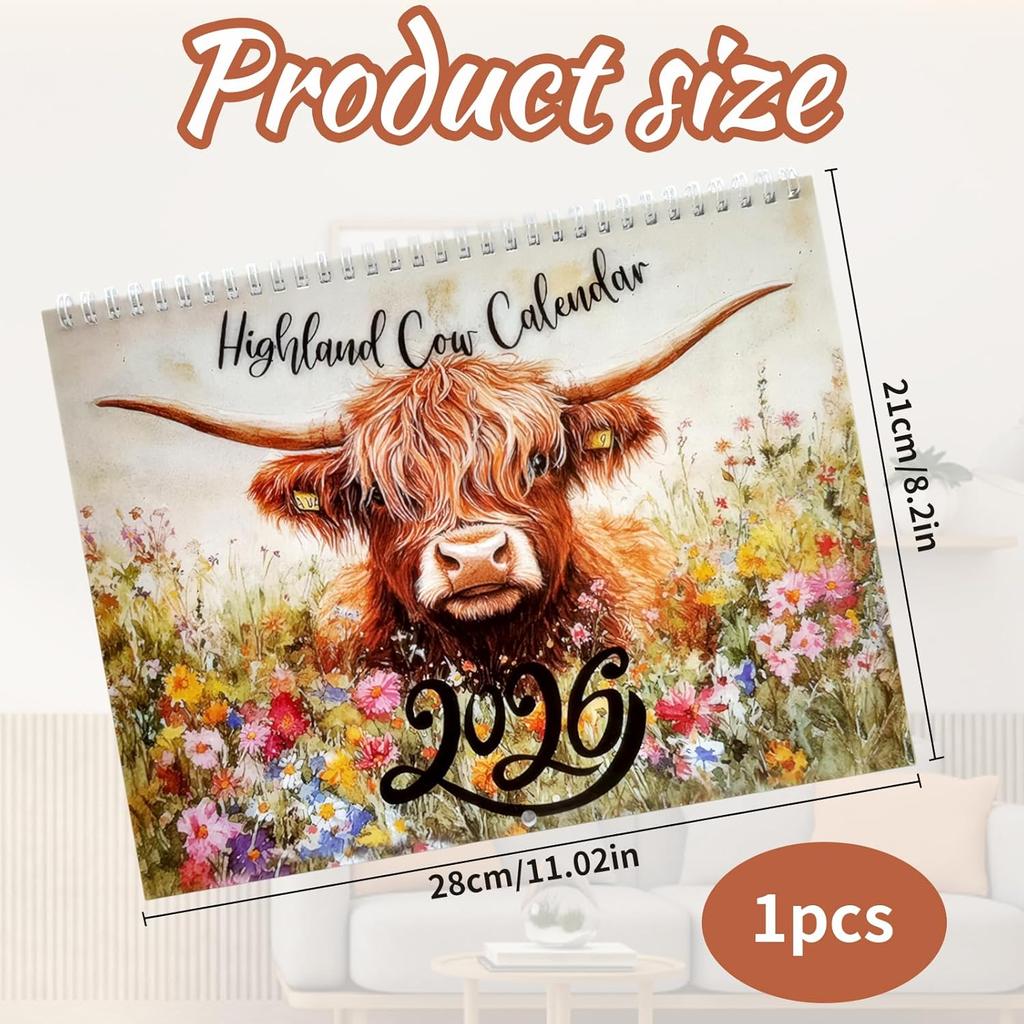 1PCS Highland Cow Calendar 2026, Cow Calendar 2026,Wall Calendar for Home and Office Decor