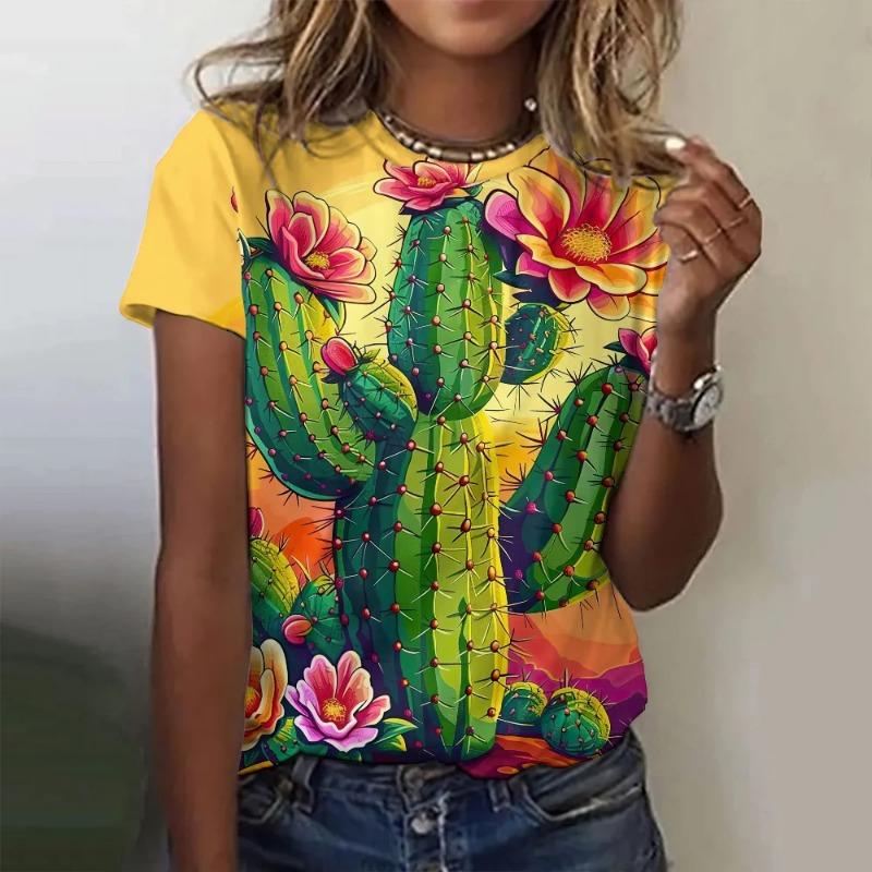 Tricou de vară cu imprimeu 3D de desene animate, ediție largă, la modă, cu model cactus, top, tricou cu gât rotund, mânecă scurtă, top pentru femei