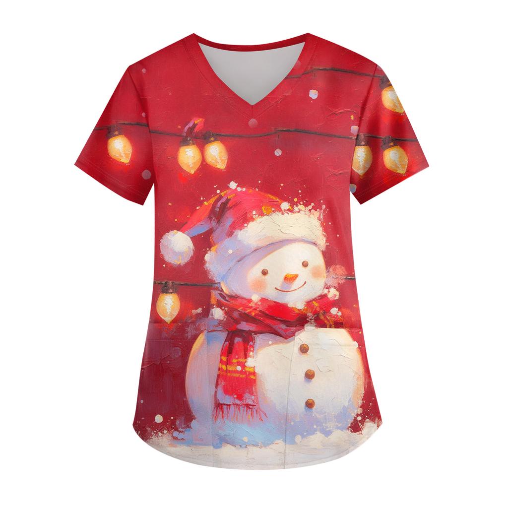 Ladies' Christmas Printed Fashionable V-neck Pocket Short Sleeved Uniform And Caregiver Top