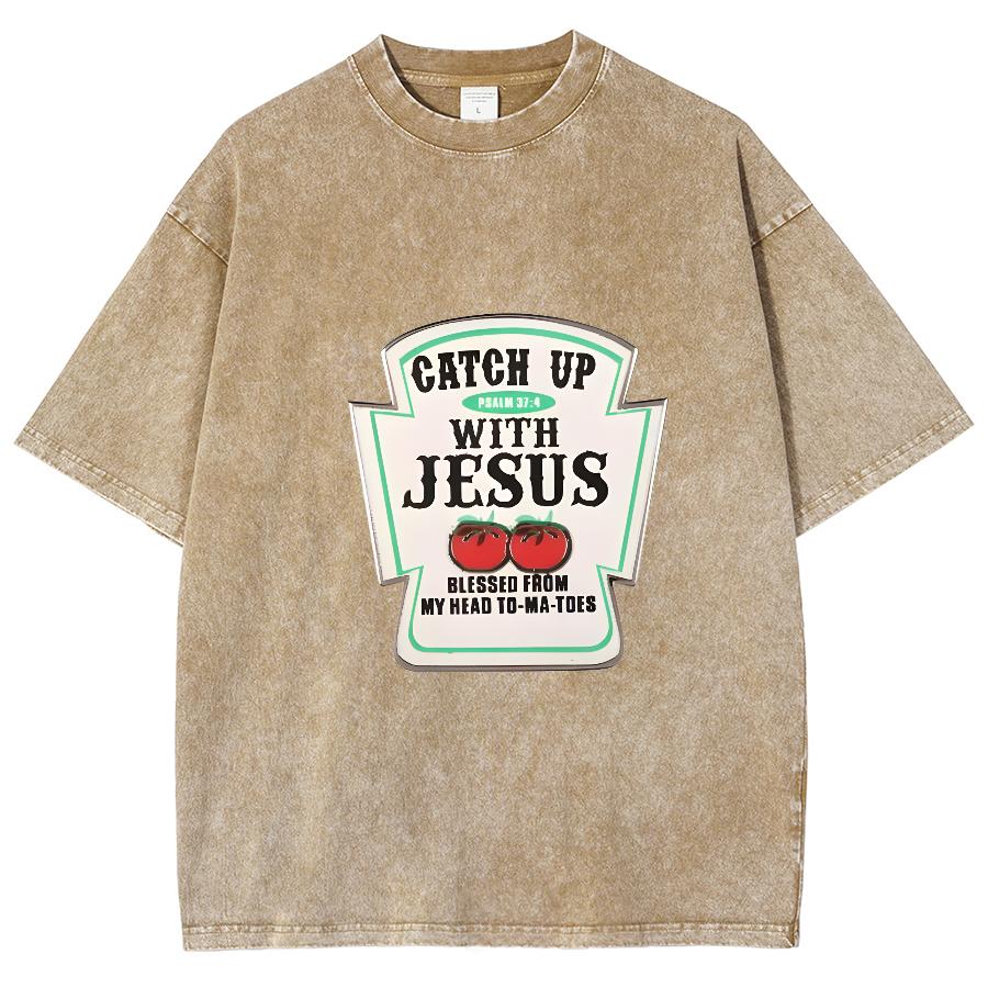 Jesus Letter Print Women's Wash T-Shirt Oversized Loose Unisex Half Sleeve American Retro Minimalist Top