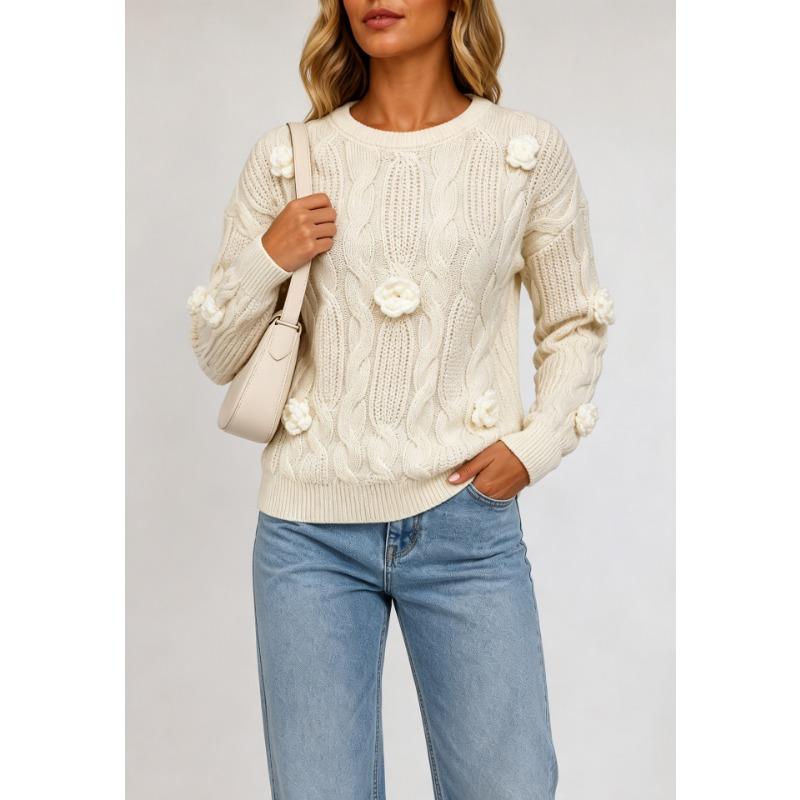 Women S Long Sleeve Pullover Sweater With 3d Rose Crochet Embroidery