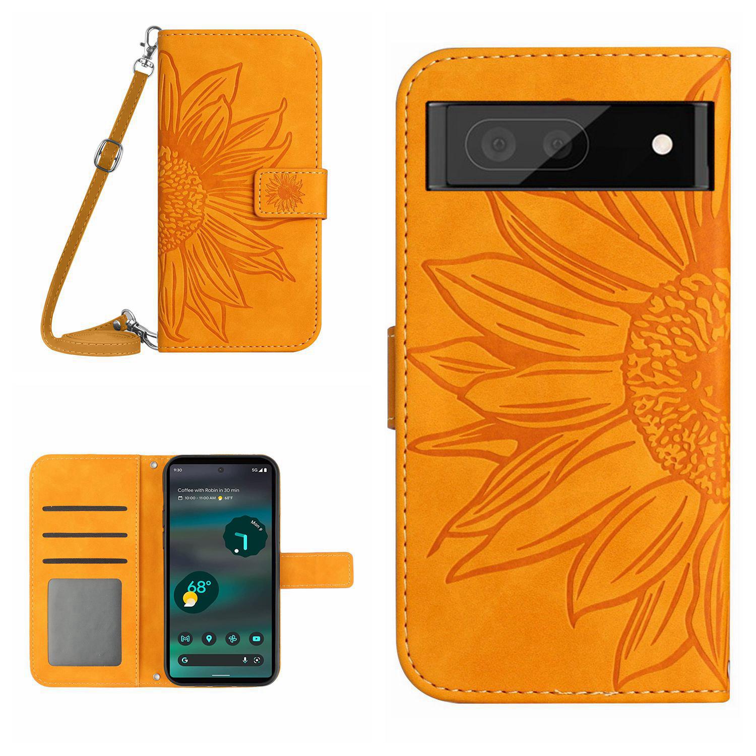 

HT04 PU Leather Case for Google Pixel 7a Phone Cover with Shoulder Strap,Sunflower Pattern Wallet Phone Shell Yellow