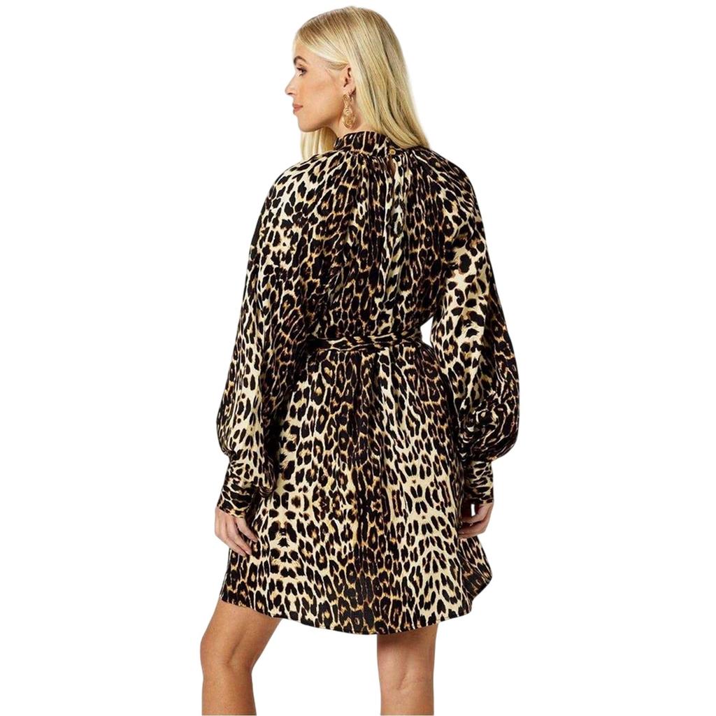 Biba Abito Mini da Donna/Signora con Stampa Leopardo e Maniche a Palloncino
