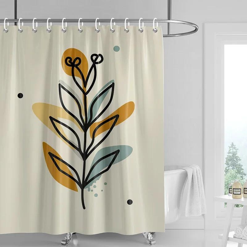 וילון מקלחת מורנדי צבעוני מופשט דמות צמח עמיד למים עמיד בפני טחב בסגנון נורדי וילון מקלחת דקורטיבי לחדר אמבטיה