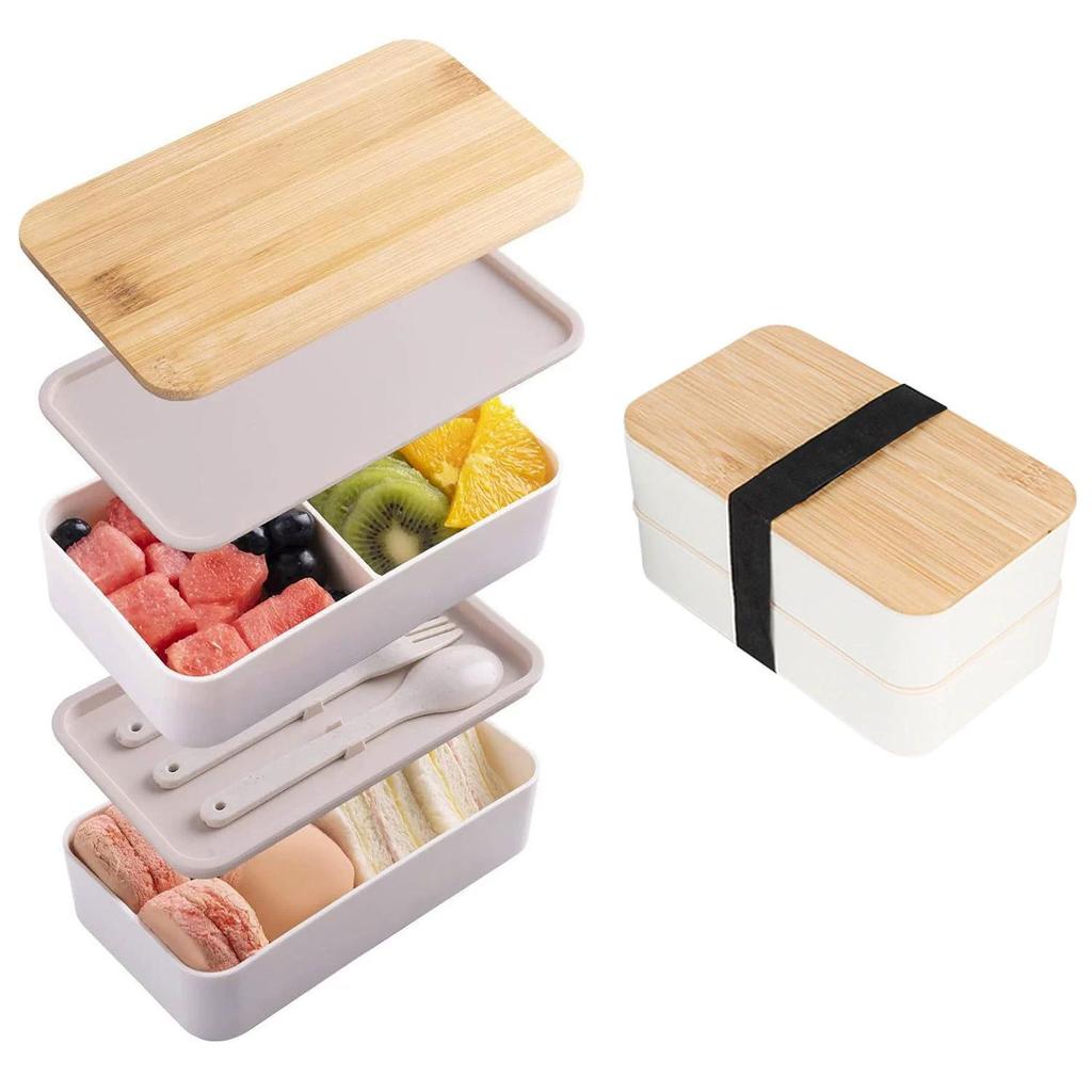 Japanese Bamboo Double-Layer Insulated Lunch Box with Large Capacity and Microwave Safe Plastic Compartments