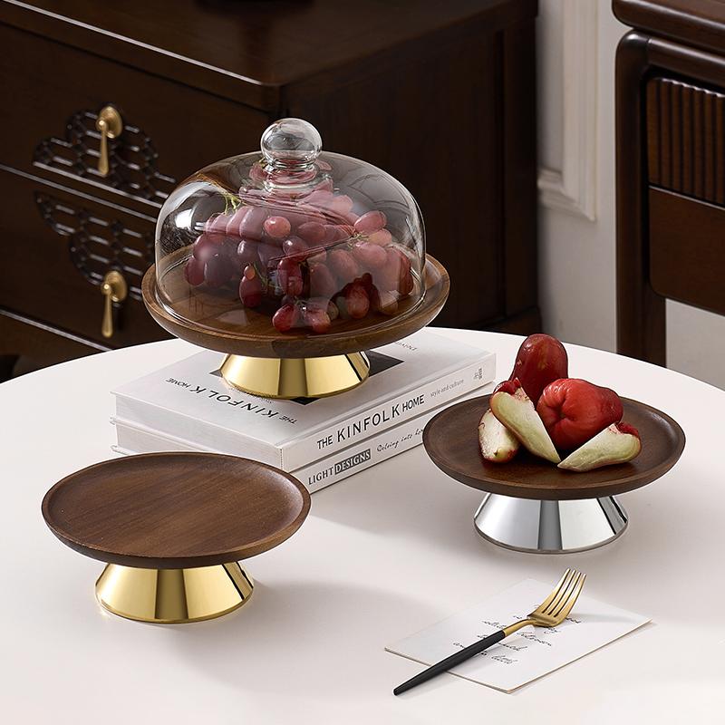 Acacia Wood Tray High-legged Cake Plate Golden Foot Glass Cover Dessert and Snack Display Plate Desktop Storage Container Party