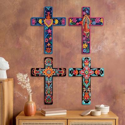 11.8*16 Inch Floral Cross Wall Decor Easter Mexican Style Wall Mounted Cross Wall Art Decor Wooden Christians Hanging Sign