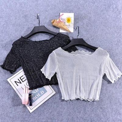 Crop Top Corto da Donna 2025 in Rete Lurex a Maniche Corte