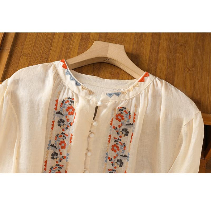 Vintage Ethnic Embroidered Long Lantern Sleeve Loose Thin Shirt For Women
