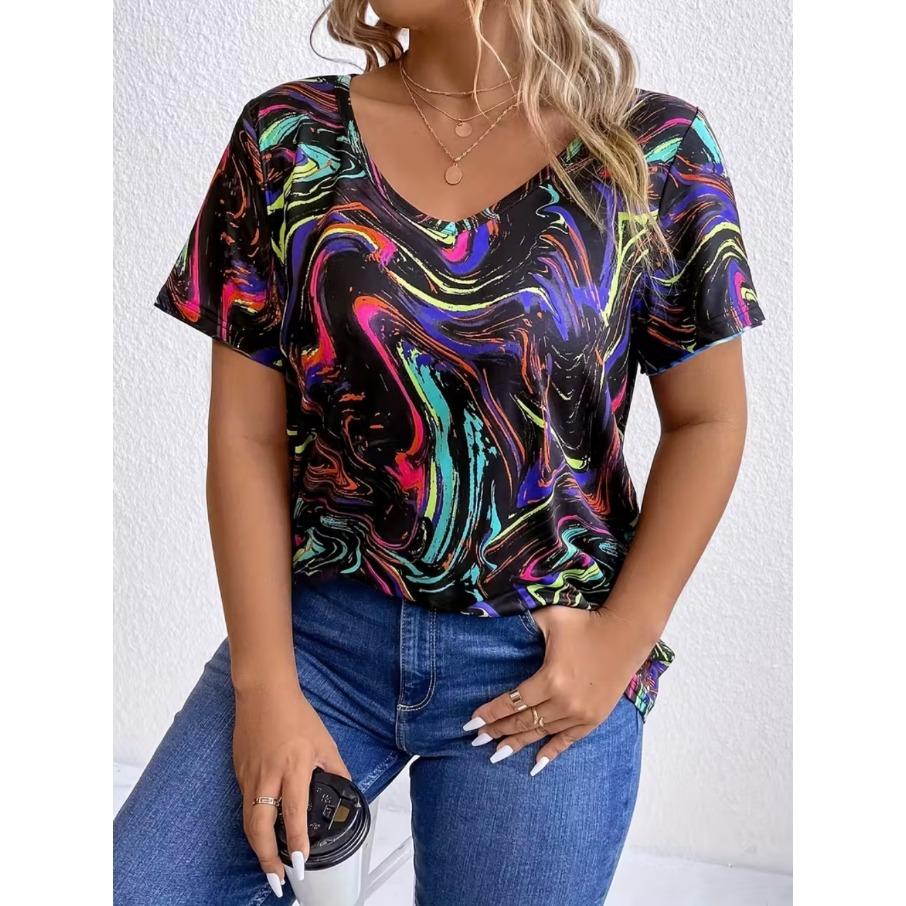 XL-7XL Damski T-shirt Plus Size z Gradientem, Casualowy, z Nadrukiem 3D, Luźny, z Dekoltem w Serek, z Krótkim Rękawem