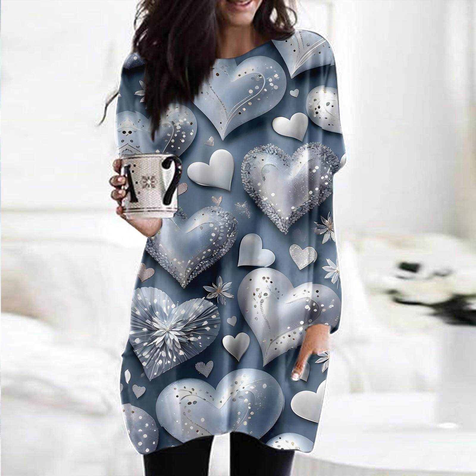 

Женский модный повседневный топ с длинным рукавом и круглым вырезом ко Дню святого Валентина с принтом в виде сердца M серебряный