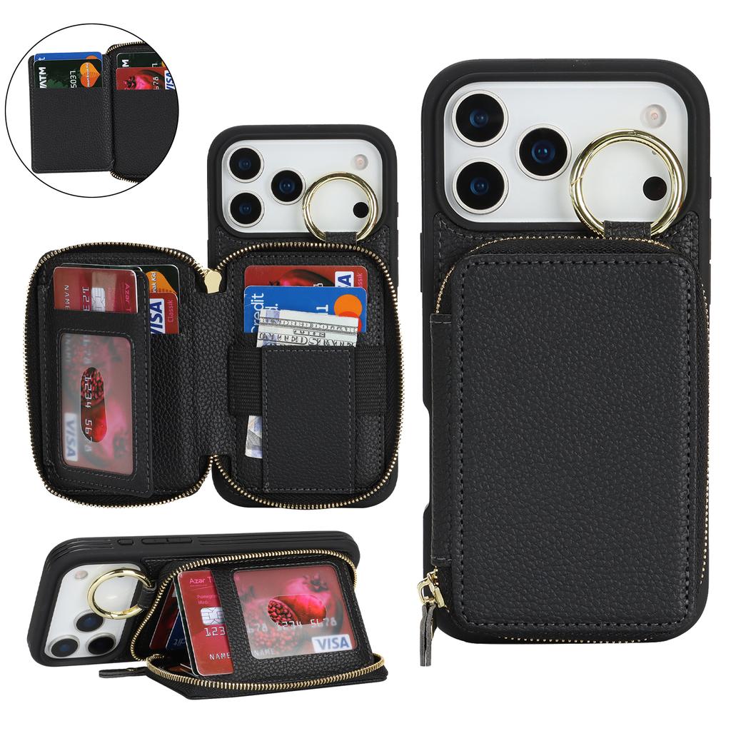 Custodia per Telefono in Pelle con Cerniera e Anello Antiscivolo con Motivo Litchi per iPhone 17 Pro Max 16 Plus 15 14 13 12 Cover a Borsa Antiurto