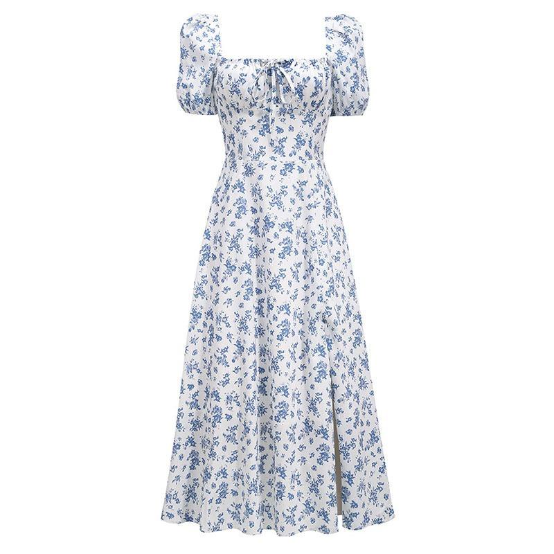 Summer Woman's Retro Elegent Suquare Neck Puff Sleeve Floral Print Maxi Dress Partywear SweetClub Dress