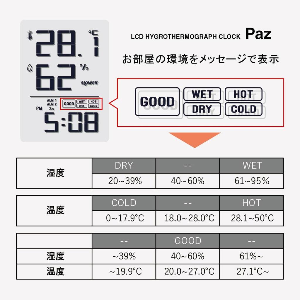 SLOWER [Temperature and Humidity Clock] Digital Desk Clock with Temperature and Humidity Display, Backlight, Alarm, White SLW424 Paz
