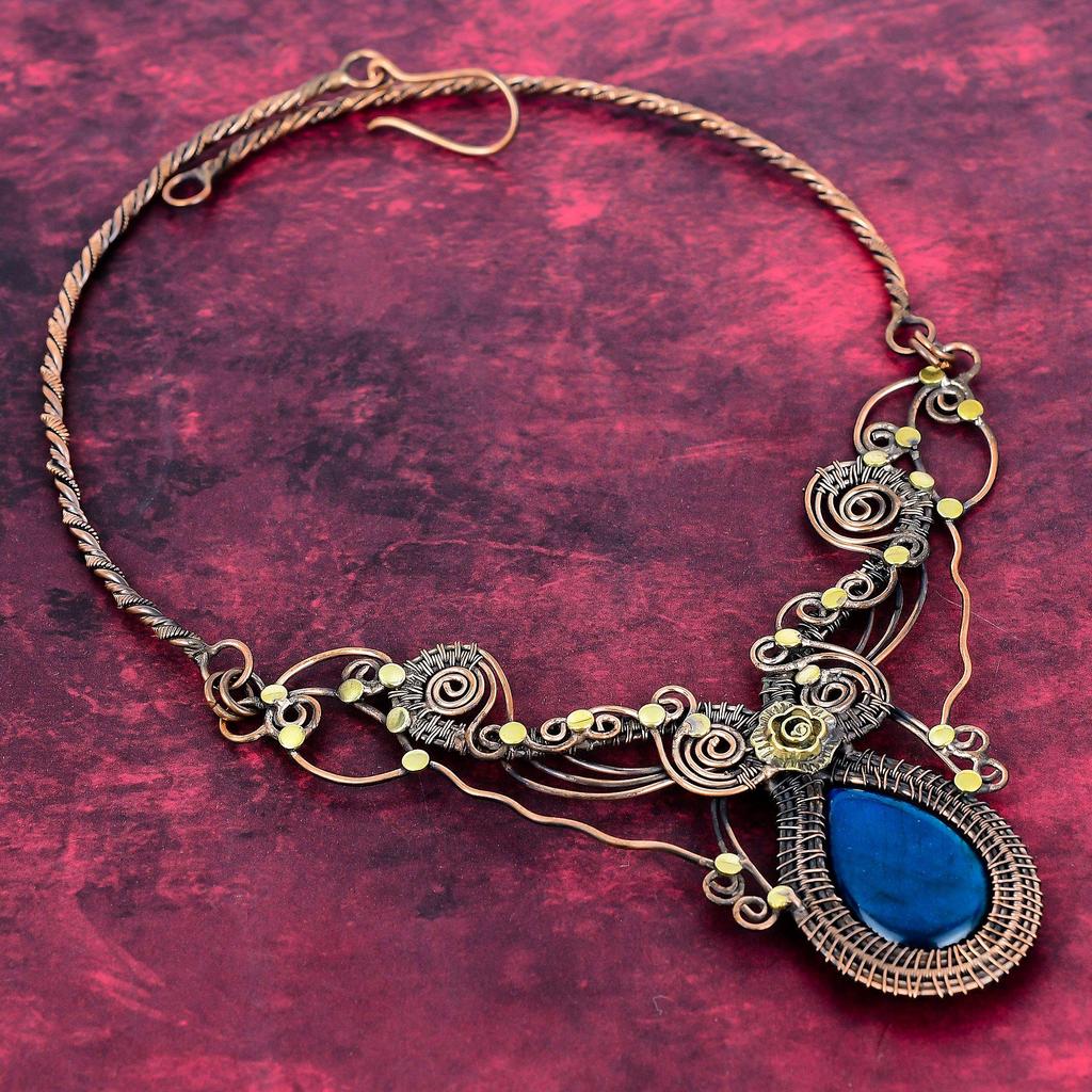 Neon Flash Labradorite Gemstone Necklace Copper Wire Wrapped Adjustable Necklace