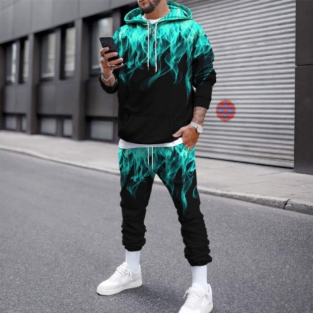 Fashion Flame 3D Print Hoodie Pant Sets Men Casual Hip-hop Sweatshirts Sweatpants Two Piece Suits Tracksuit Man Street Clothing
