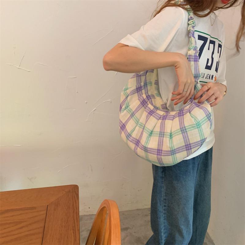 Neue gefaltete karierte Umhängetasche mit großem Fassungsvermögen für Damen, Canvas-Tasche, tragbare Messenger-Tasche, Damen-Pendler-Achseltasche