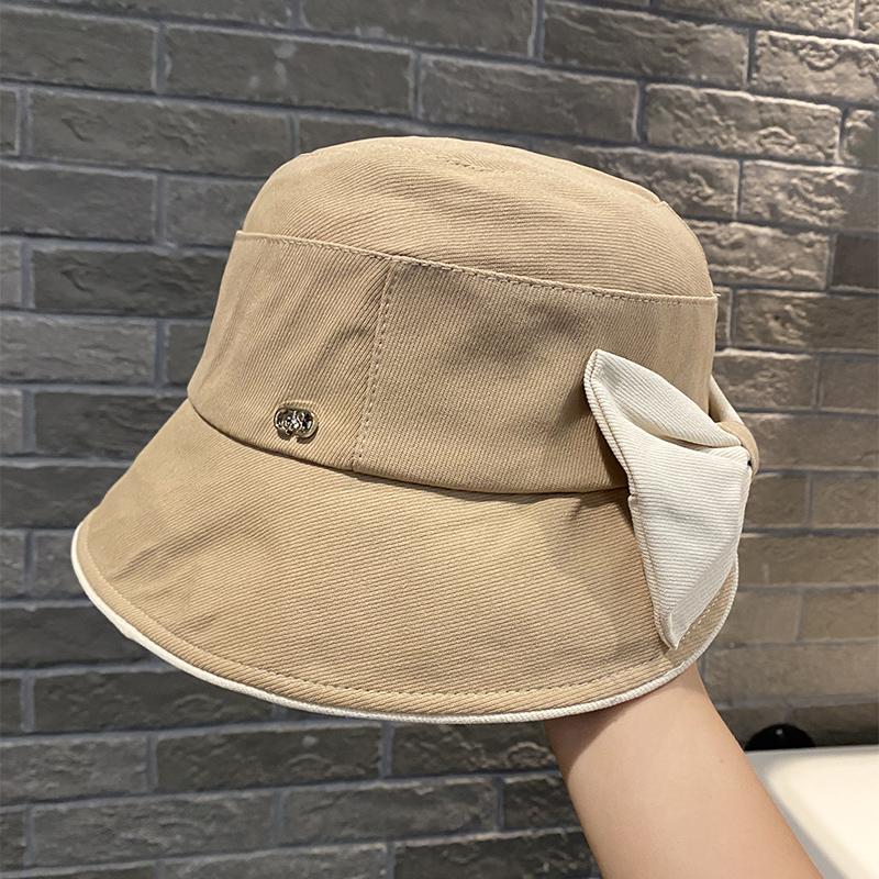 Contrasting color bow bucket hat women's spring and autumn new fashion washbasin hat wide brim versatile face hat
