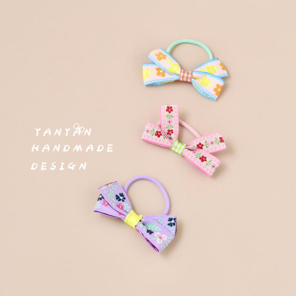 Girls' Floral Embroidered Bow Hair Tie - Sweet Autumn/Winter Style