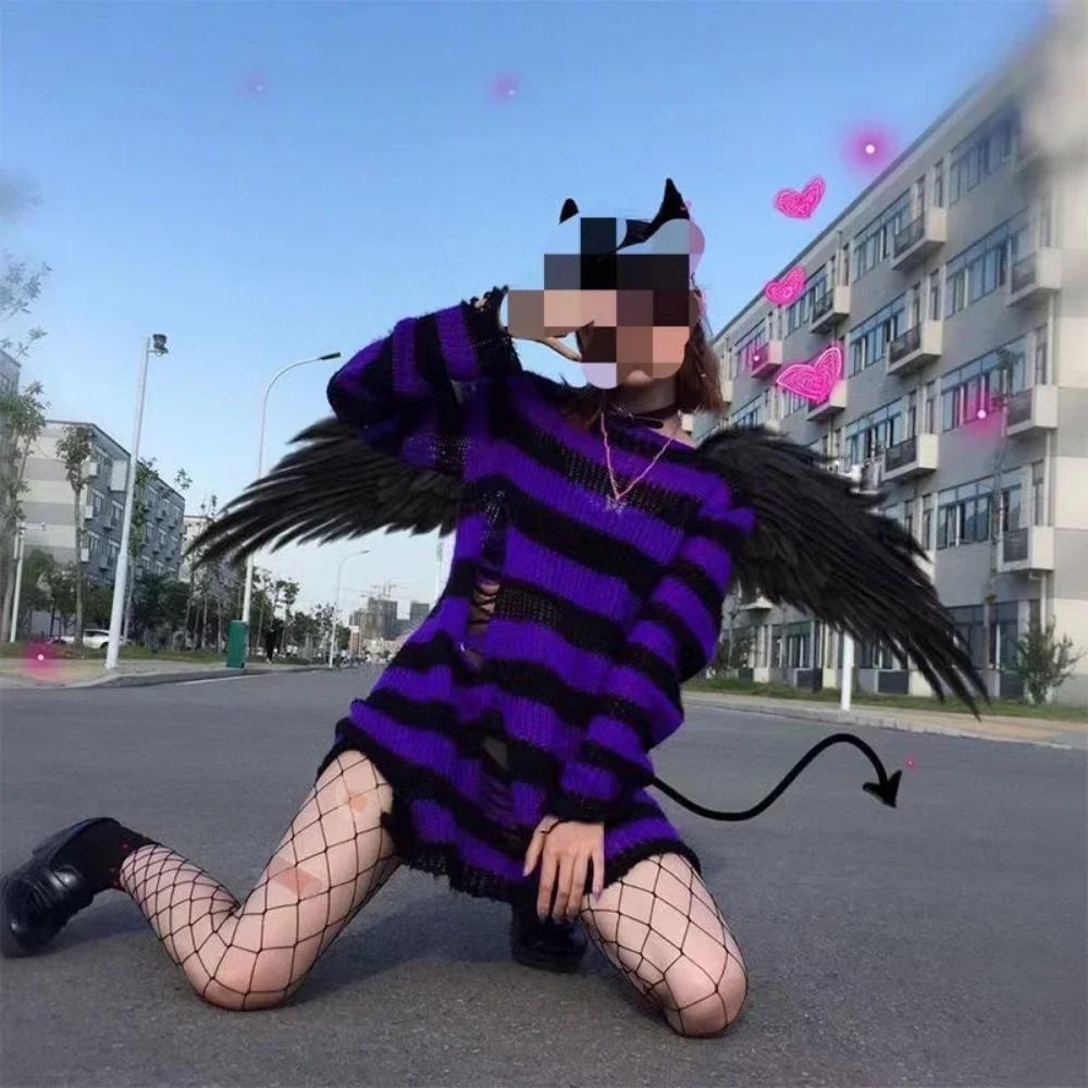 New Goth Punk Gothic Sweater Oversized Pullovers Women Striped Cool Hollow Out Hole Broken Jumper Harajuku Aesthetics Sweater