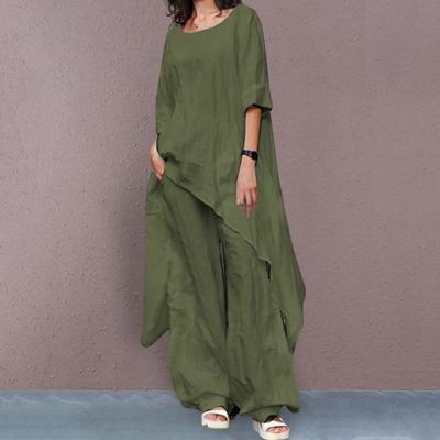 Women's Cotton Linen Two-piece Set Casual Solid Color 3/4 Sleeves Shirts Wide Leg Trousers Suit for Relaxed Fit Summer Clothing