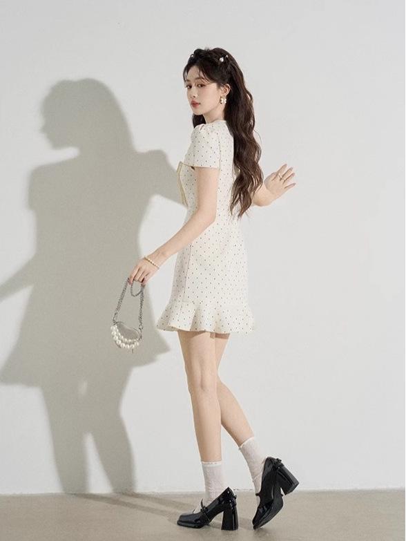 Petite French Sweetheart Polka Dot Dress - Summer Round Neck Short Skirt