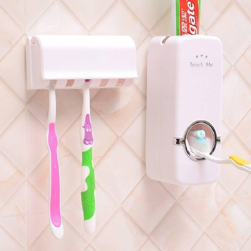 Automatic Toothpaste Dispenser And Toothbrush Holder Plastic Bathroom Organizer