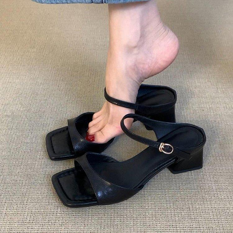 Soft leather version~ Simple temperament thick heel square head sandals women's retro versatile skirt elegant fashion commuter sandals