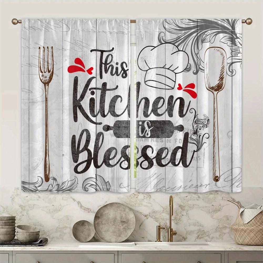 2pcs Farmhouse Kitchen Curtains Rustic Country Fork Knife Vintage Window Treatment For Kitchen Bedroom Cafe Living Room Home Dec