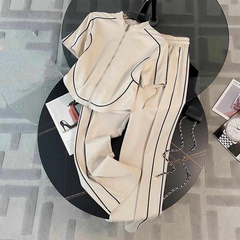 Women's Summer Sportswear Set: Korean-Style Youthful-Looking, Figure-Flattering Top + Casual Wide-Leg Pants Two-Piece Set
