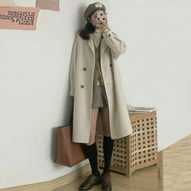 

Woolen Coat Autumn and Winter Korean Style Relaxed Fit Everyday Thickened Woolen Coat Womens Mid-length 3XL абрикосовий
