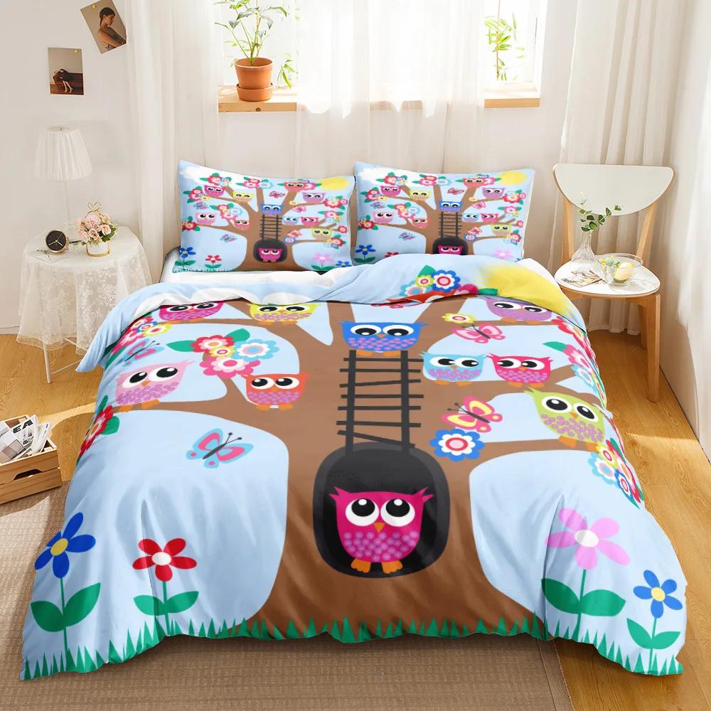 Owl Duvet Cover Set Cartoon Comforter Cover Happy Birthday Theme Bedding Set Cute Bird Polyester Quilt Cover Twin Size For Kids