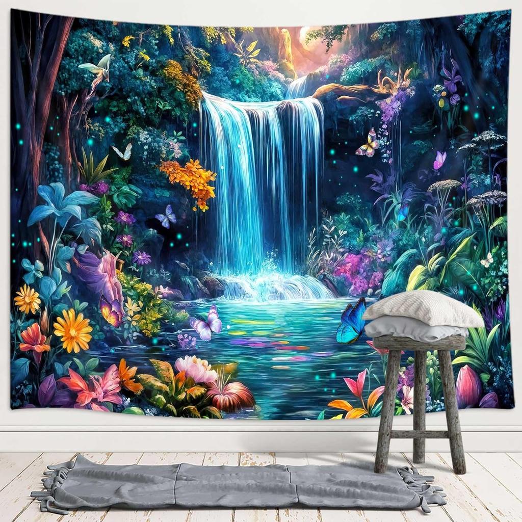 Arazzo Cascate Forestali Arazzi Paesaggio Naturale Arazzi Fiori Farfalle Piante Floreali Colorate Estetica Fantasy Muro