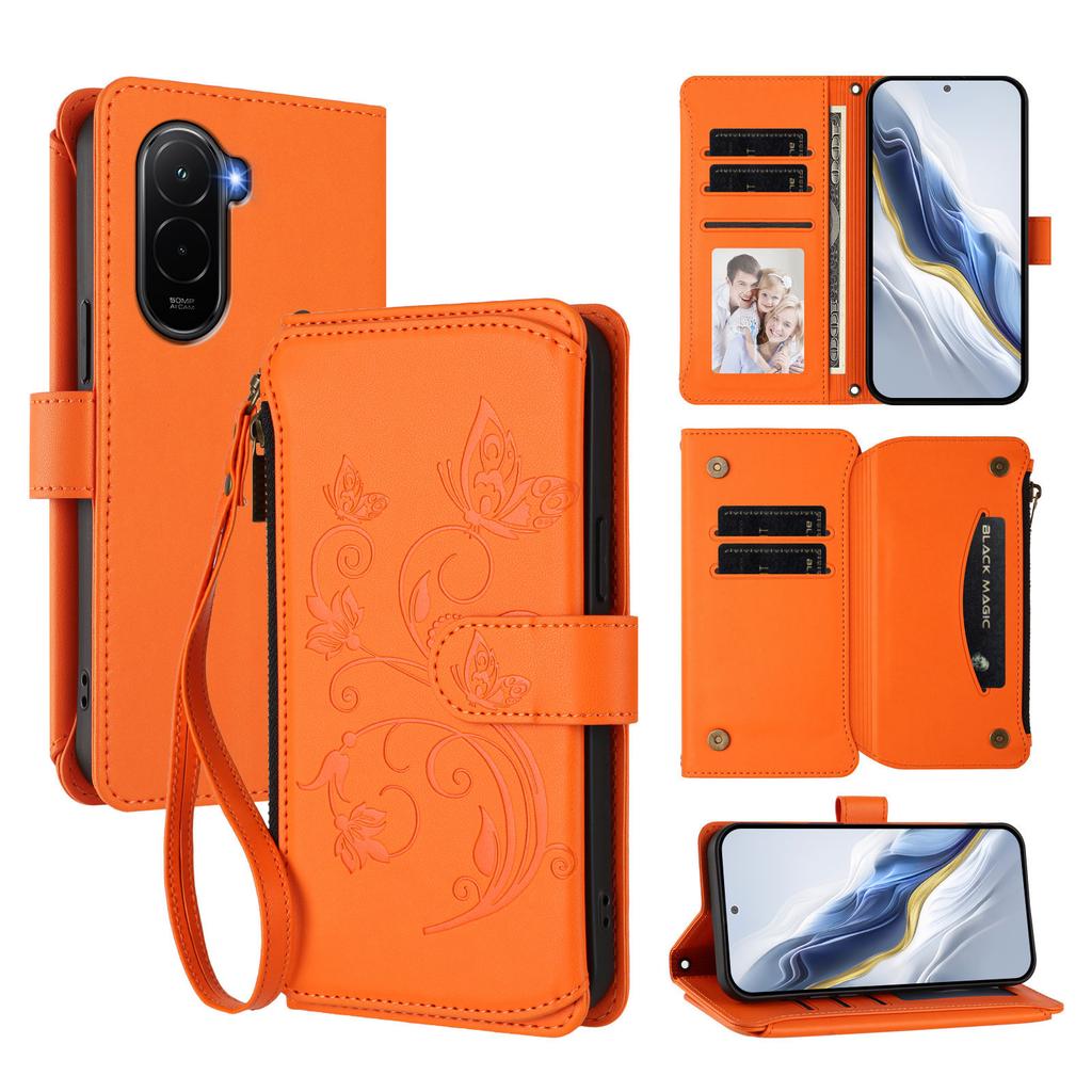 For Xiaomi Poco M7 Plus 5G/M7 4G (169mm) Leather Case Butterfly Floral Imprint Zipper Wallet Stand Cover with Wrist Strap