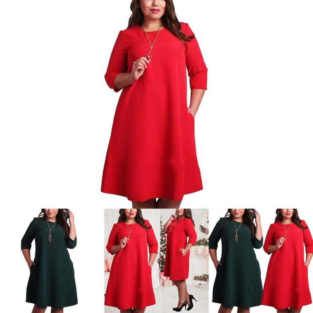 Premium Quality Plus Size Women Red Green Color Printed Round Neck Dress For All Occasions