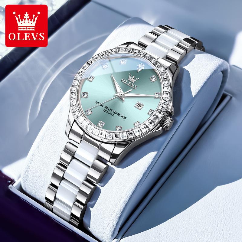 OLEVS Quartz Wristwatch Elegant Luxury Ceramics Strap Waterproof Auto Date Diamond Bezel Watch for Women