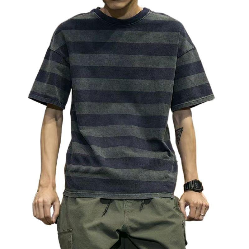 2026 New Summer Men's Round Neck Short-sleeved Korean Style Youth Trend Striped Fashion Casual Cotton Loose T-shirt Large Size