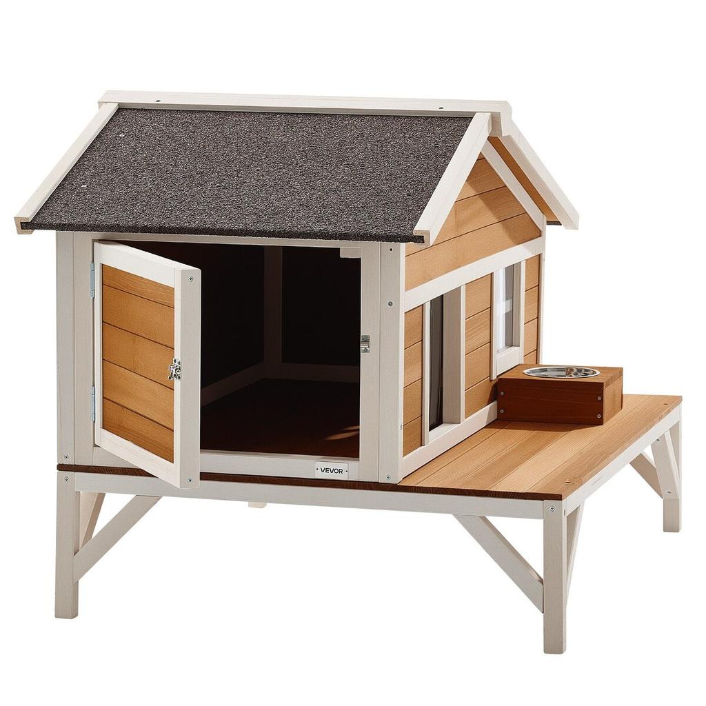 Insulated Cat House, All-Around Foam Insulation Elevated Cat Shelter, Wooden Feral Kitty Shelter with Large Platform, Waterproof Cats Condos for