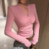 Pleated V-Neck Eucalyptus Women's Base Layer Shirt - Autumn/Winter 2026, Pure Desire Style, Long-Sleeved, Slim-Fit Top
