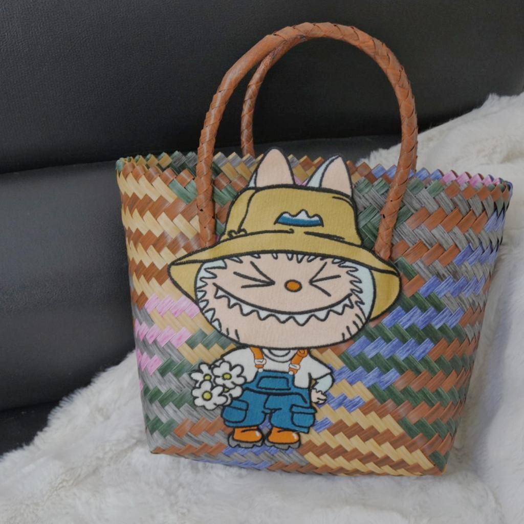 Labubu Summer new woven basket bag shoulder handbag women's bag cute pull cloth cartoon rattan bag CLE