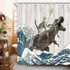 Funny Cat Shower Curtain Tabby Cat Riding Dinosaur Print Waterproof Polyester Bathroom Decor Bath Curtain Set