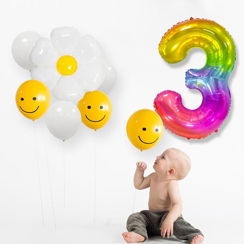 Small Fresh Small Wrinkle Chrysanthemum Yellow Smiley Face Children'S Birthday Digital Jelly Aluminum Film Latex Balloon Bundle